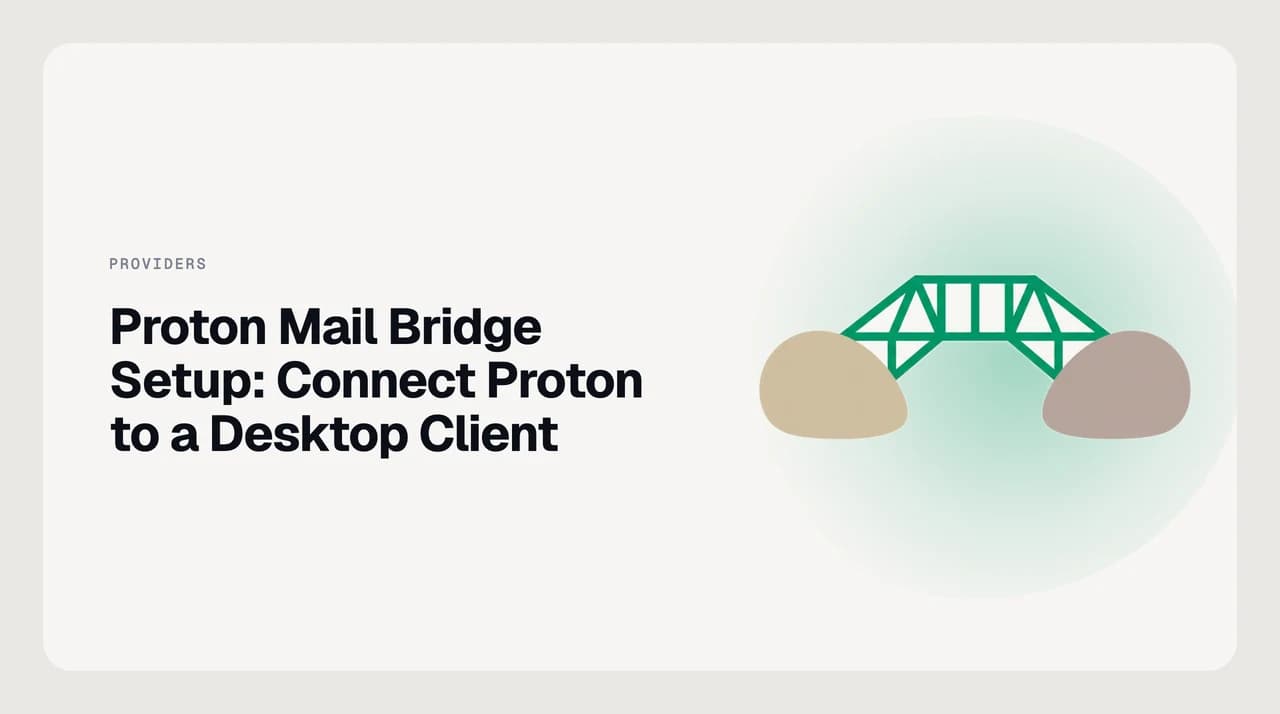 Proton Mail Bridge setup guide showing how to connect an encrypted Proton Mail account to a desktop email client via localhost IMAP and SMTP