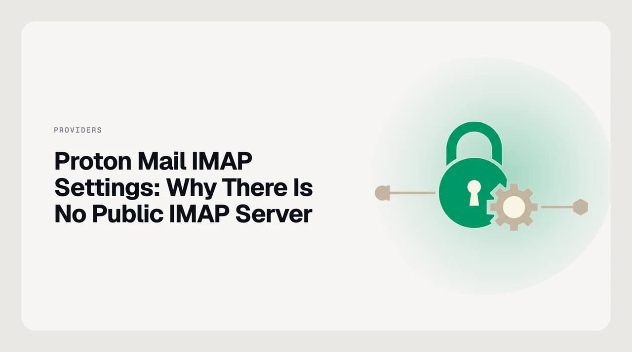 Diagram showing Proton Mail Bridge creating a local IMAP server on a desktop computer, with a crossed-out remote IMAP server path illustrating why no public Proton Mail IMAP address exists
