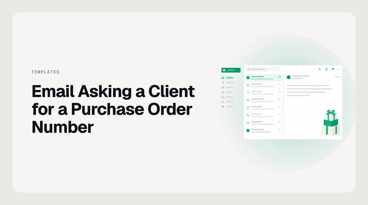 Illustration of an email requesting a purchase order number moving between a vendor and a client's accounts payable team