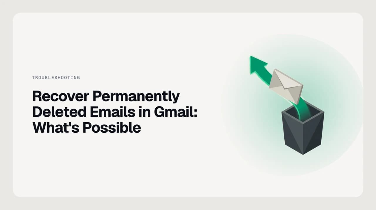 Gmail email recovery routes illustrated — Trash restore, All Mail archive retrieval, and Google Workspace admin restore options for permanently deleted messages