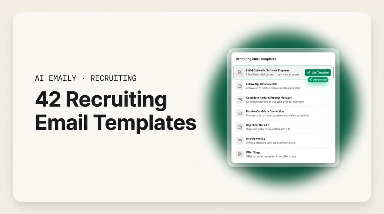 AI Emaily blog cover for recruiting email templates for candidate outreach and follow-up, showing a library of templates