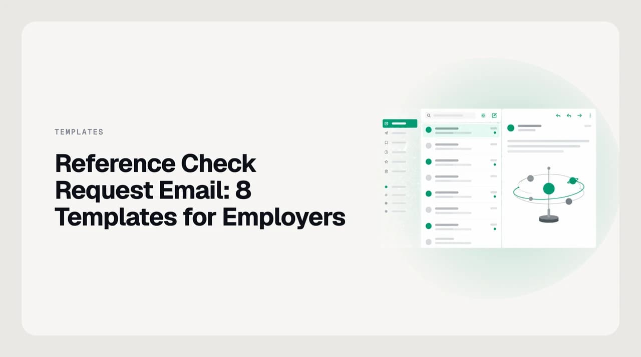 Reference check request email to a candidate's referee shown on a laptop, listing the candidate's name, role, and a short set of job-related questions
