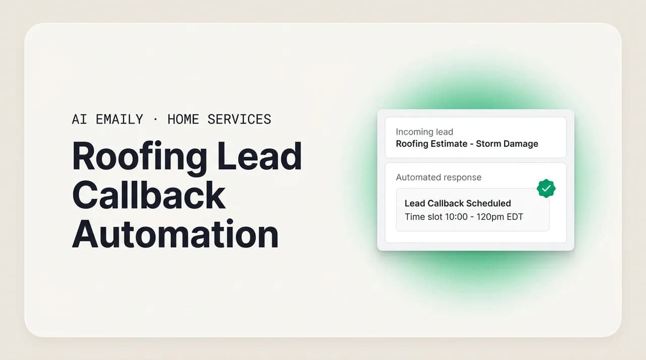 AI Emaily blog cover for roofing lead callback automation, showing a storm-season lead answered instantly