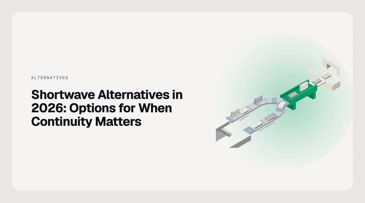 Illustration comparing Shortwave alternatives in 2026 — AI email clients ranked for Gmail users weighing continuity risk against control and provider coverage.