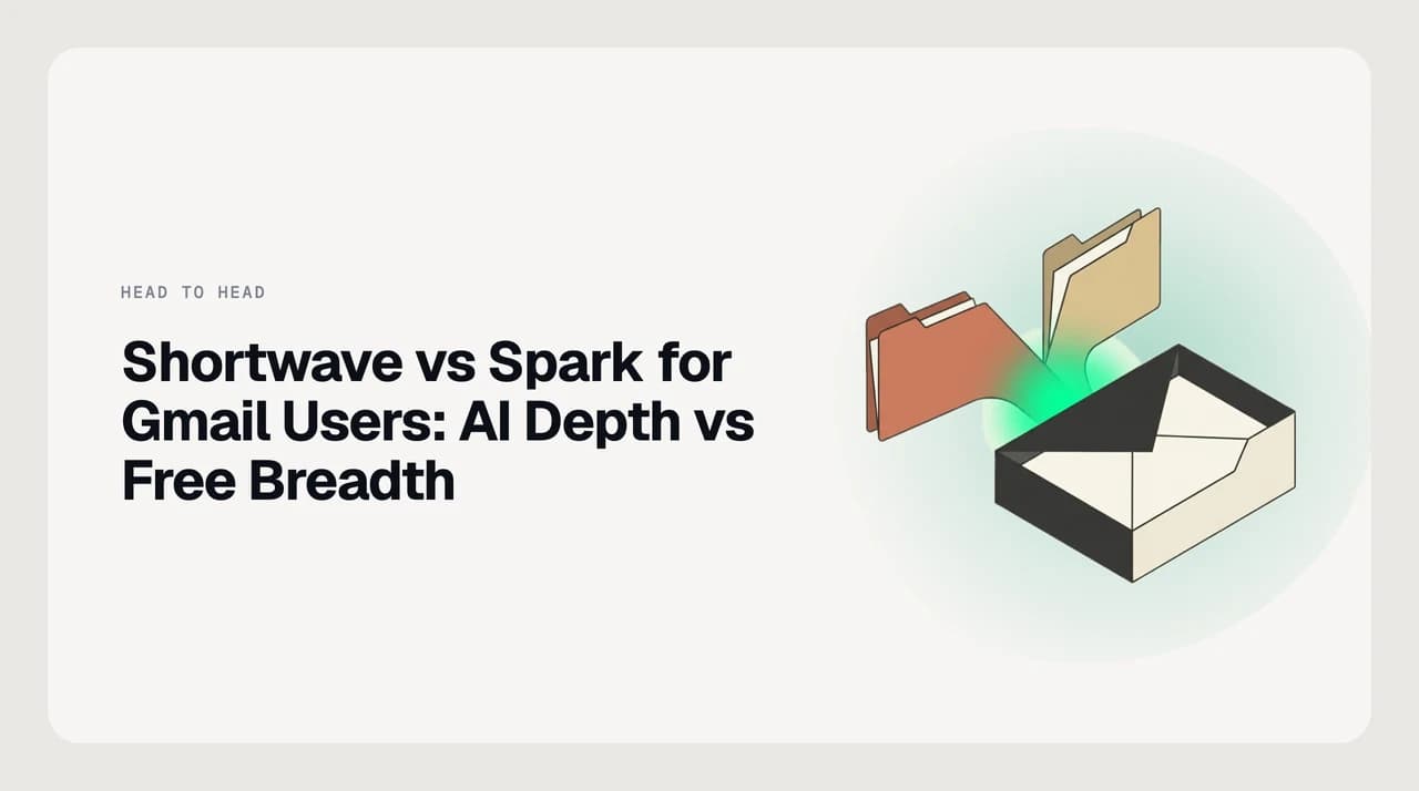 Head-to-head illustration comparing Shortwave, an AI-native Gmail-only client, against Spark Mail, a cross-platform email app with a free tier, from the perspective of a Gmail user