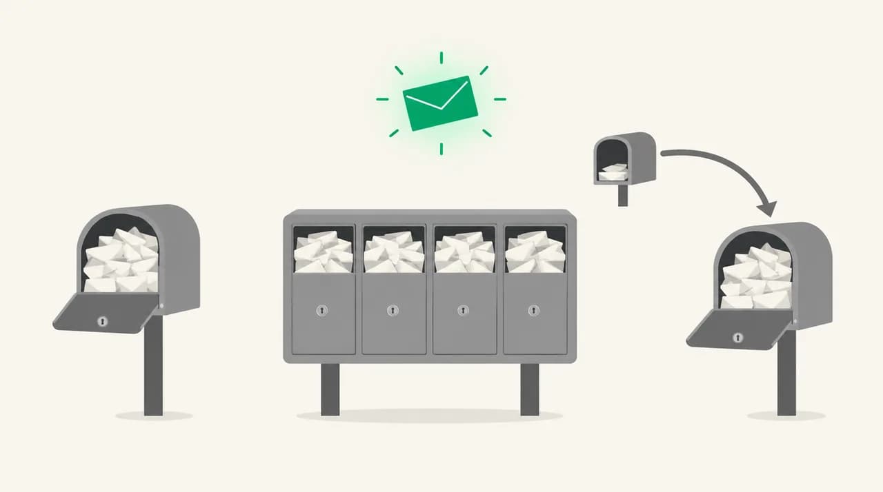 Three full mailboxes, a personal one, a shared team mailbox and one reached through a forwarding arrow, with a single green envelope hovering above that has nowhere to land