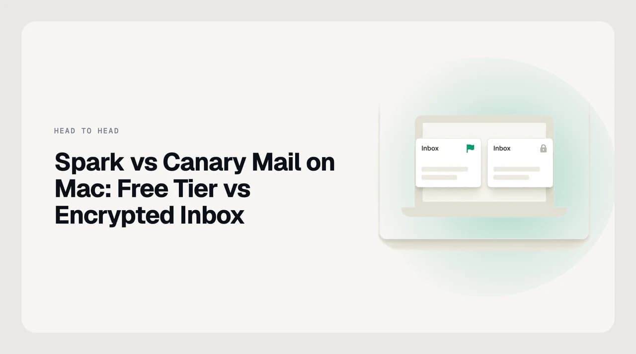 Spark vs Canary Mail on Mac — two email clients compared on a MacBook, one routed through a cloud server and one encrypted end-to-end