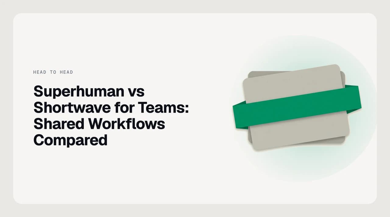 Title card reading Superhuman vs Shortwave for Teams, Shared Workflows Compared, beside two overlapping inbox panels with a green thread highlighted across both