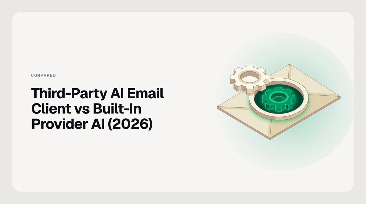 Third-party AI email client vs built-in provider AI comparison cover, showing a cross-provider AI client on one side and Gemini, Copilot and Apple Intelligence built into single providers on the other