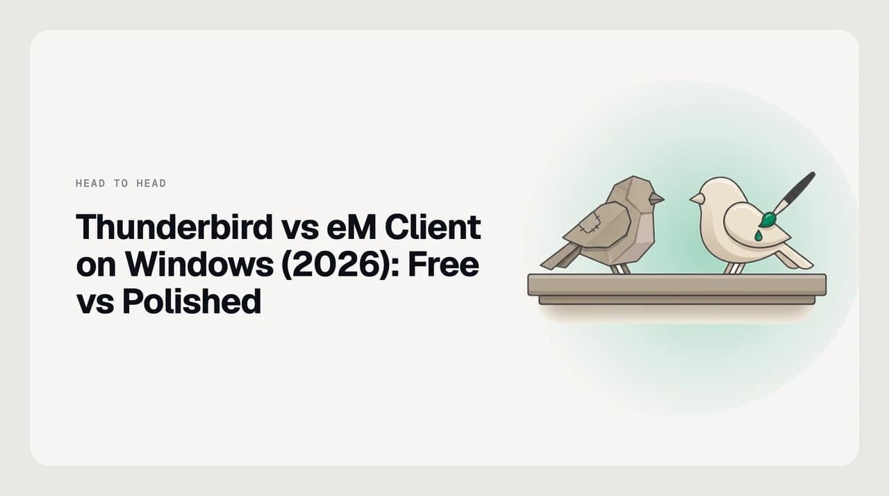 Thunderbird vs eM Client on Windows in 2026 — the open-source standard weighed against a polished commercial client on interface, large-mailbox performance, calendar and contacts, extensibility, mobile coverage and licensing