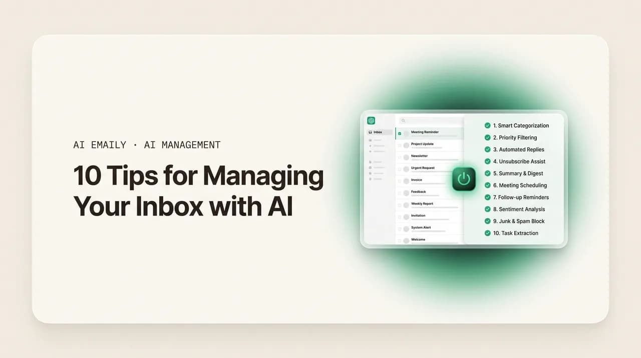 AI Emaily blog cover for tips for managing your inbox with AI, showing a checklist of AI inbox tips