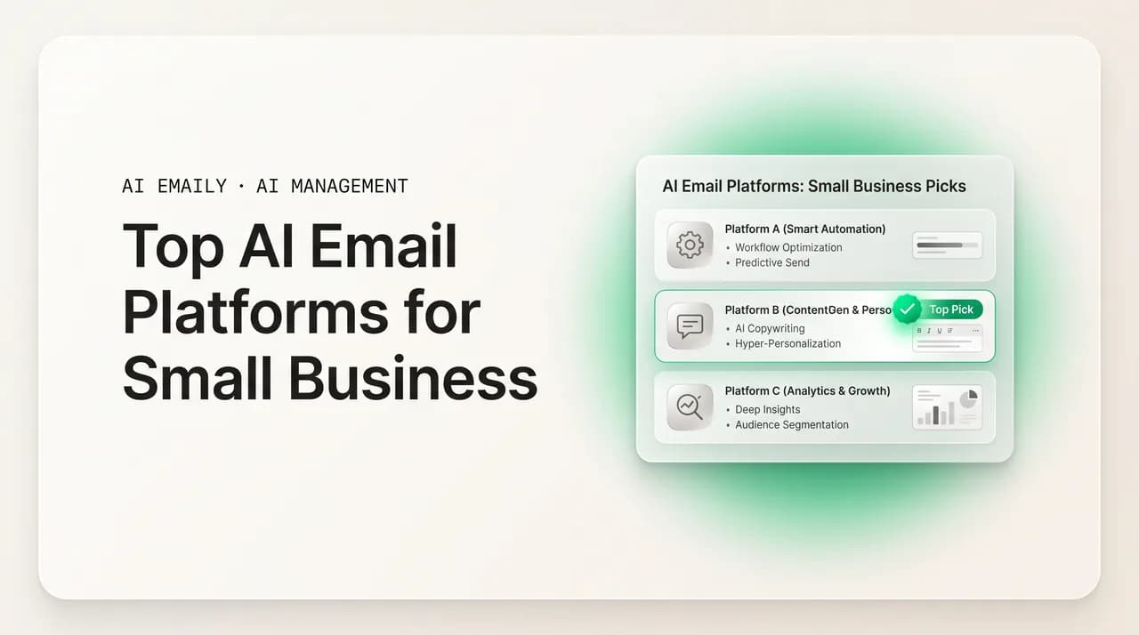 AI Emaily blog cover for top AI email platforms for small business, showing a small-business AI email comparison