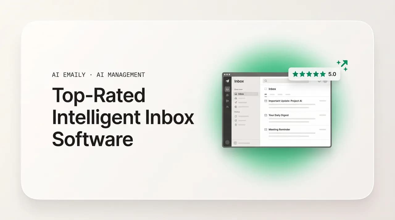AI Emaily blog cover for top-rated intelligent inbox software, showing an inbox software card with a star rating