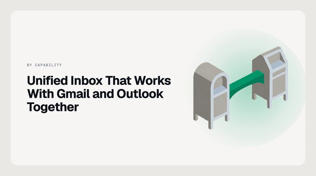 Unified inbox for Gmail and Outlook accounts — a single view showing a Google Workspace mailbox and a Microsoft 365 mailbox with shared threading, cross-account search, and correct reply-from
