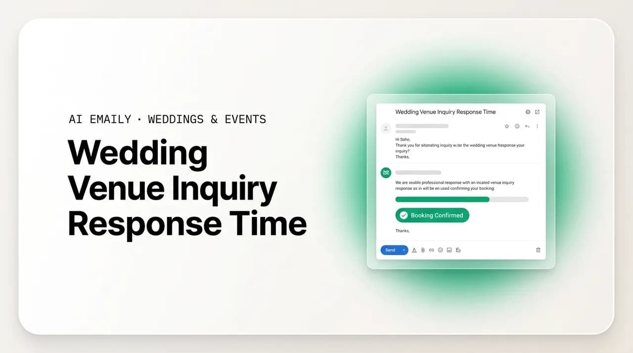 AI Emaily blog cover for wedding venue inquiry response time, showing a fast response as the booking lever