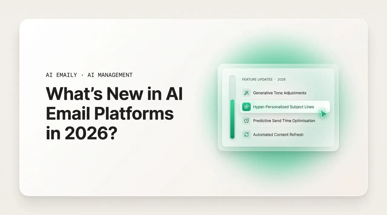 AI Emaily blog cover for what's new in AI email platforms 2026, showing new AI email platform features