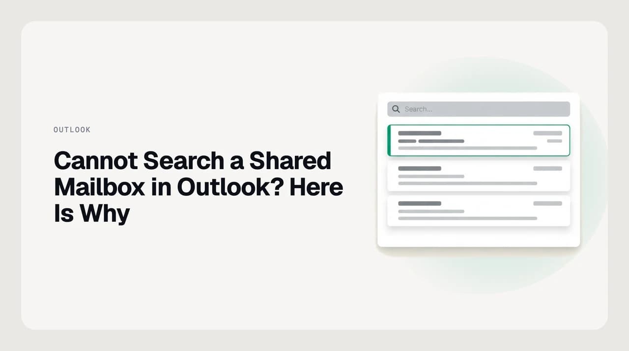 Diagram of the three settings that block Outlook shared mailbox search: search scope, local index, and cached mode