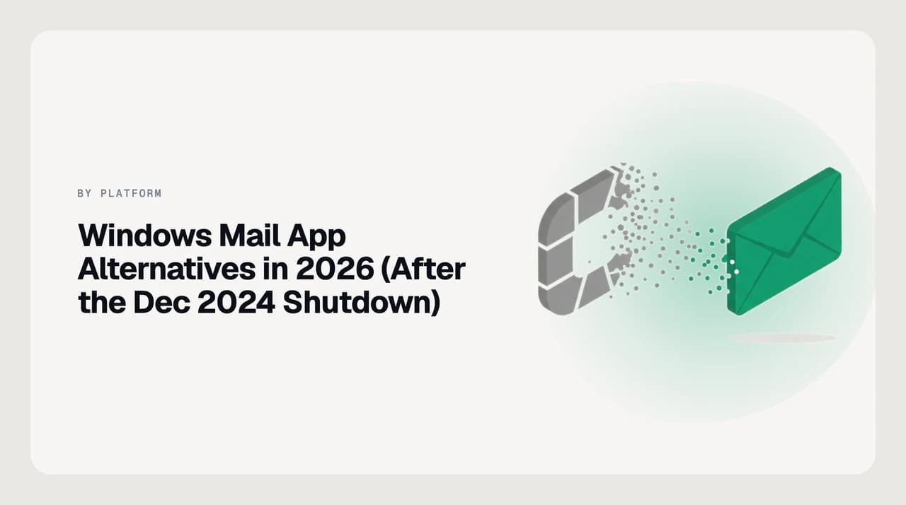 A Windows desktop showing email client alternatives to the retired Windows Mail app in 2026, with AI Emaily's downloadable Windows installer as the top pick.